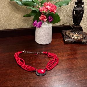 Western style vintage beaded multi strand necklace with red stone pendant